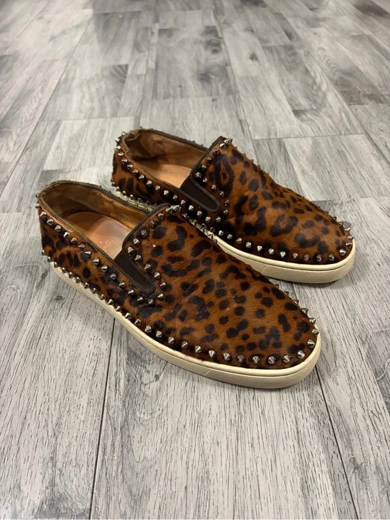 Christian Louboutin Pik Boat Brown Leopard Slip-On Studded Loafers Calf Hair