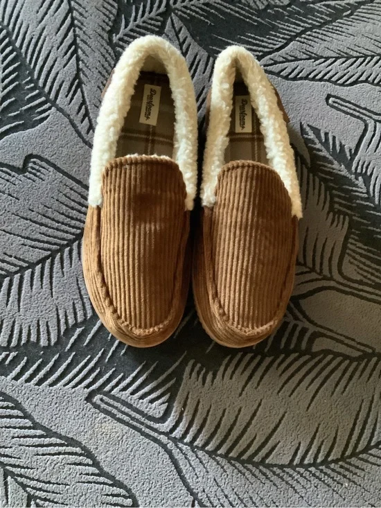 dearfoams Brown Corduroy Slip-On Moccasin Slippers with Cream Sherpa Lining