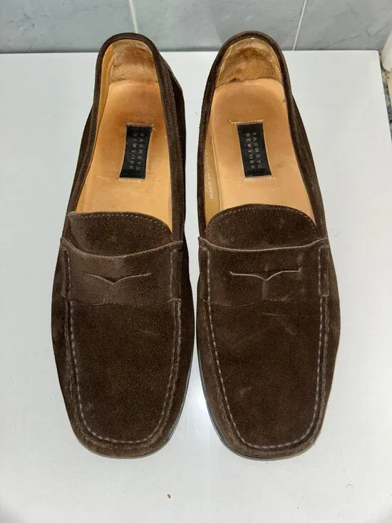 Barneys New York Men's 10.5 Brown Sued Penny Loafers style 2241