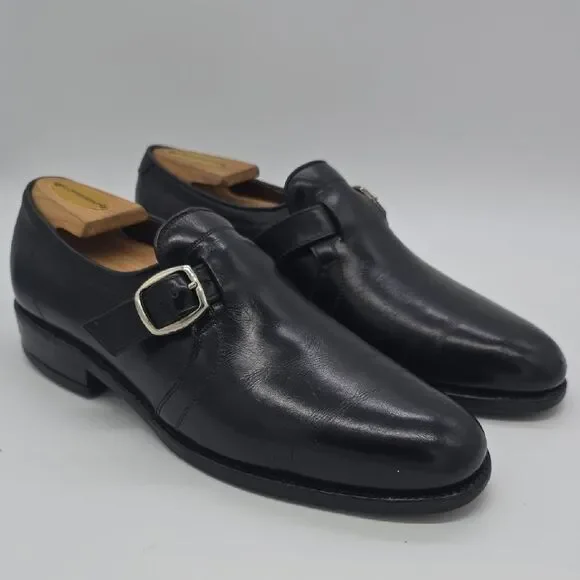 Allen Edmonds Black Leather Single Monk Strap Shoes with Silver Buckle