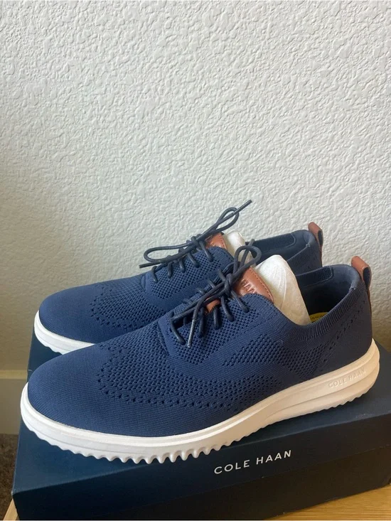 Cole Haan Navy Knit Lace-Up Oxfords with White Soles