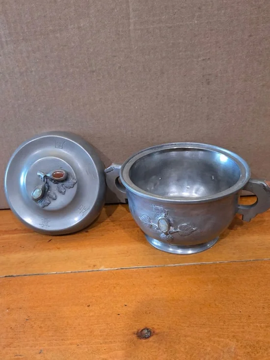 Chinese antique Silver Decorative Lidded Serving Bowl with Stone Accents