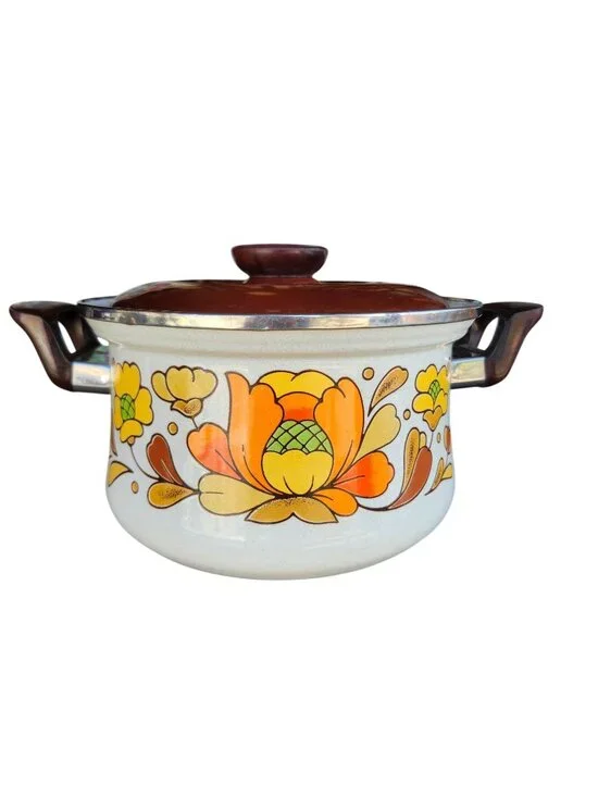Vintage 1970s Sanko Ware Country Flowers Enamel Pots Set of 2 + Lids Japan