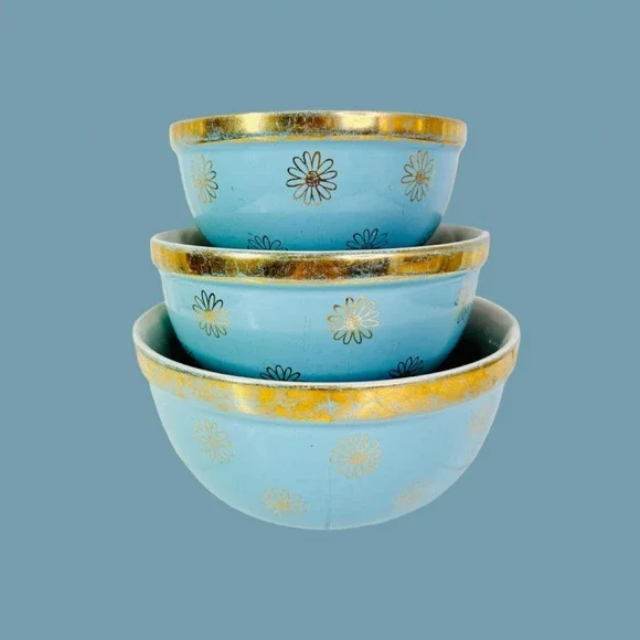 Vintage Hall China Nesting Bowls, Blue and Gold Daisy, Set of 3