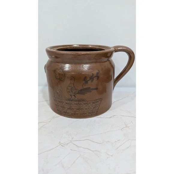 Vintage Brown Stoneware Bean Pot Crock Folk Art Bird Hand Painted Glazed Pottery