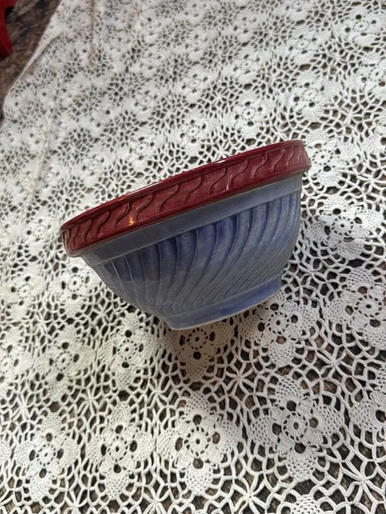 Blue Ceramic Mixing Bowl with Red Trim - Classic Kitchen Serveware