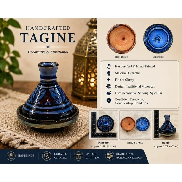Handcrafted Moroccan Ceramic Tagine‎ Mini Spice Jar Decorative Blue Black 2.75