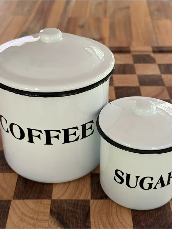 White and Black Enamel Coffee & Sugar Storage Canister Set