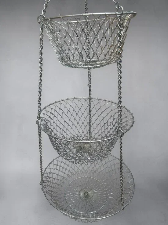 Vintage Collapsible 3-Tier Wire Hanging Basket For Storage Or Fruits Made In Tai