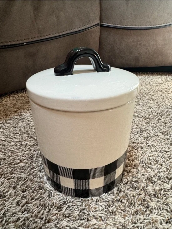 White Ceramic Food Storage Canister with Black Handle and Buffalo Check Accent