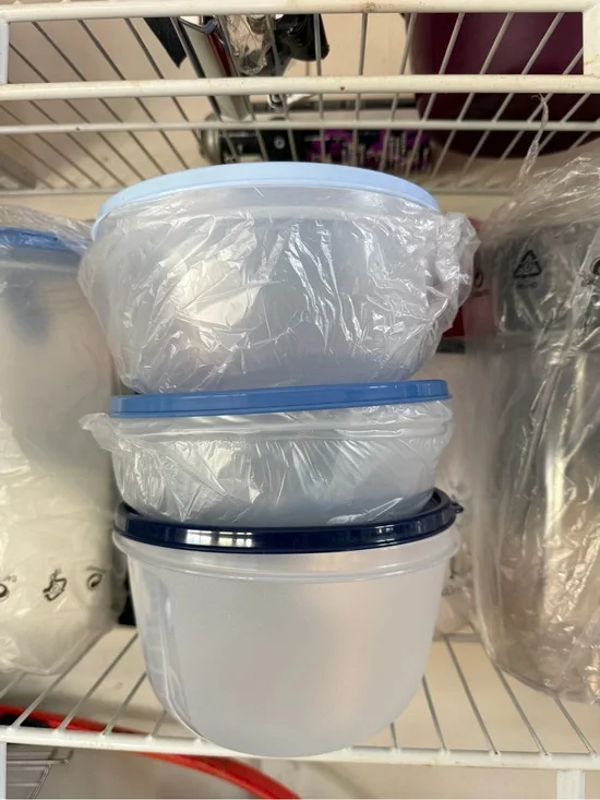 Tupperware White Bowls with Light and Dark Blue Lids Stackable Set