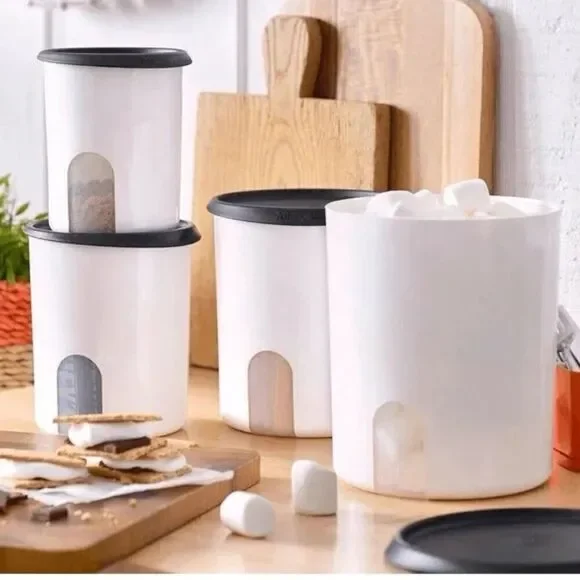 NIB Tupperware One Touch Reminder Canister Set White and Black