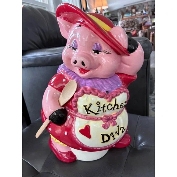 Kitchen Diva Pig Cookie Jar Red Polka Dot Dress Ceramic Novelty Vintage Style