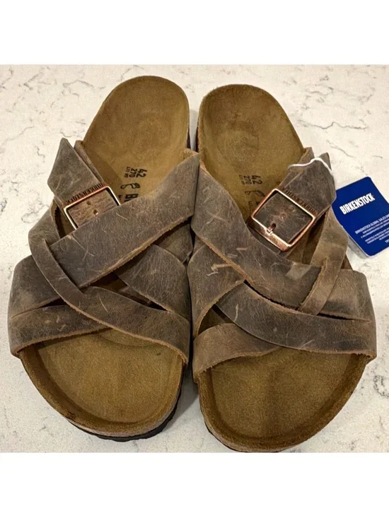 Birkenstock Lugano Unisex Brown Leather Slide Sandals Buckle M9/W11 EU42