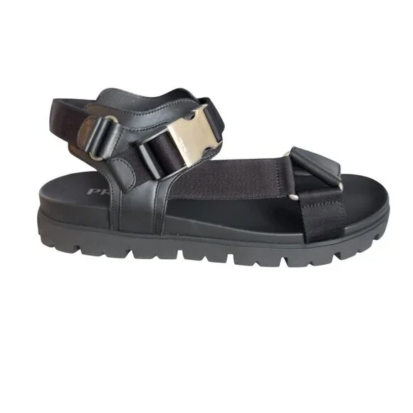 Prada Nastro Black Canvas and Leather Tape Men's Sandal, 10.5 -‎ - 2x3055
