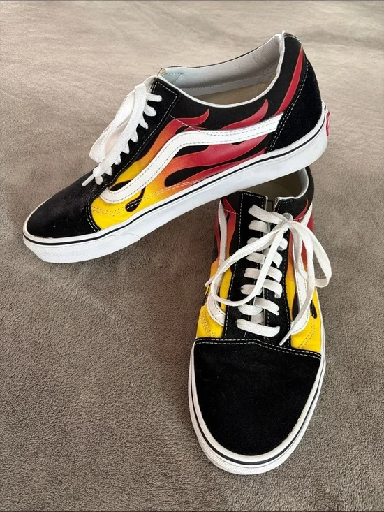 Vans Black Low-Top Sneakers with Yellow & Red Flame Detail! With box! 11