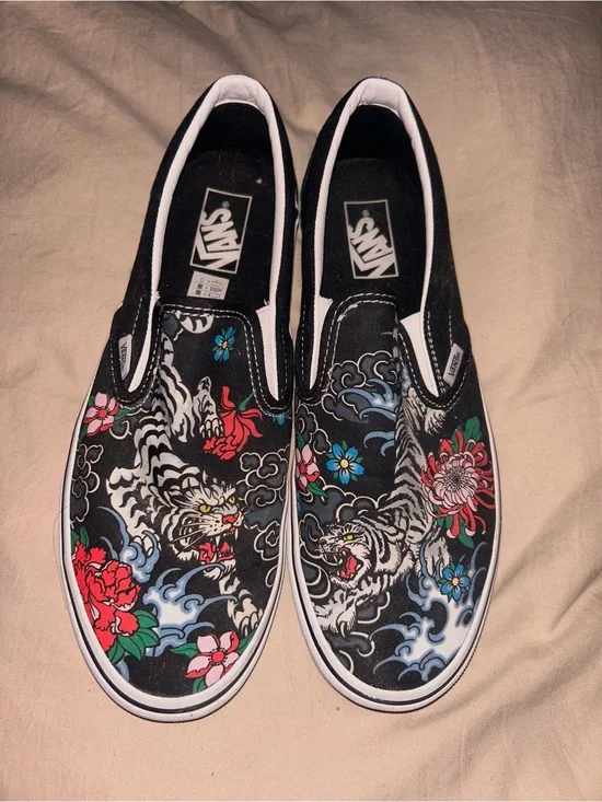 Limited edition Vans Black Slip-On Sneakers with Colorful Tiger & Floral Print