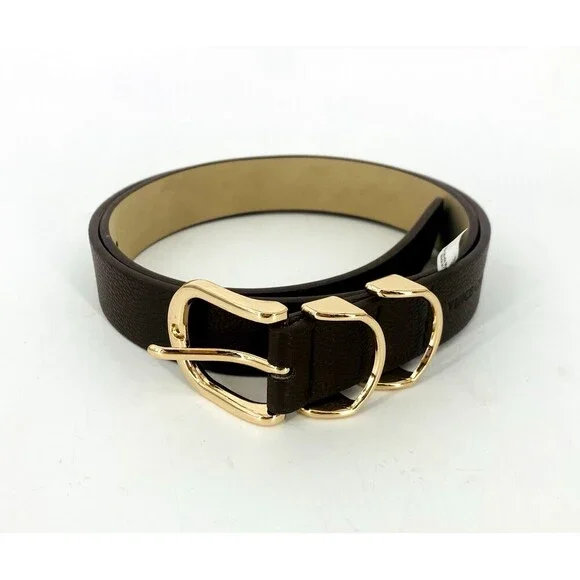 Vince Camuto Brown Vegan Leather Belt Large Gold Buckle Faux Leather Modern