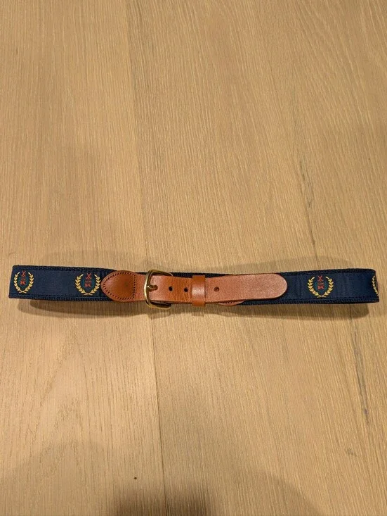 Navy Embroidered Golf Themed Belt with Tan Leather Accents Size S?