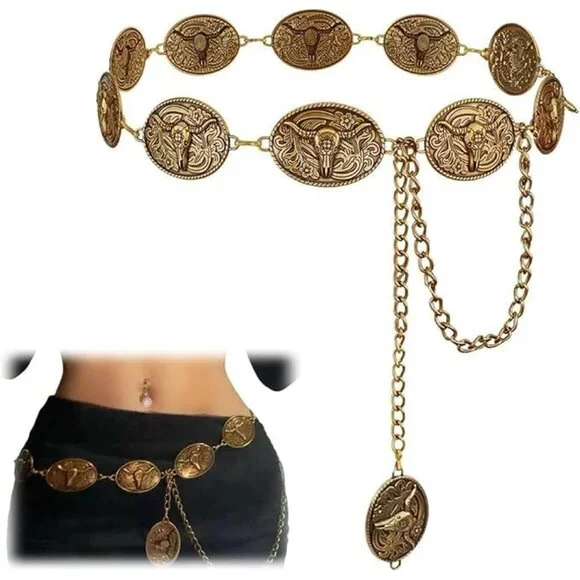 Western Metal Concho Belt for Women Gold Chain Dress Jeans Country Concert