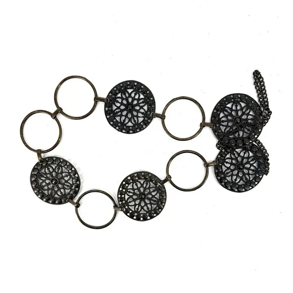Vintage Boho Chain Belt Antique Bronze Ornate Filigree Disc Circle Link 90s 38in