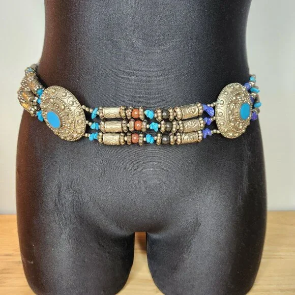 Old Hippy Belt Concho Bead Trinket Gypsy‎ Indian Women’s Vintage Western Mod