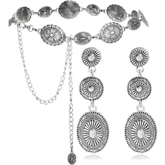 2 Pc Western Concho Belt for Woman Vintage Style Plus Cowgirl Earrings