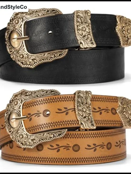 Set of 2 Western Cowgirl Belts for Women PU Leather 1.4