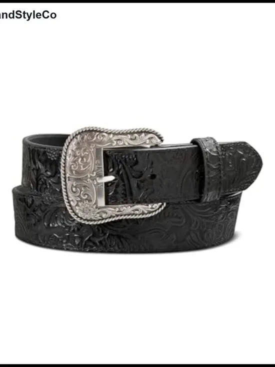 Floral Design Leather Belt Antique Silver Buckle