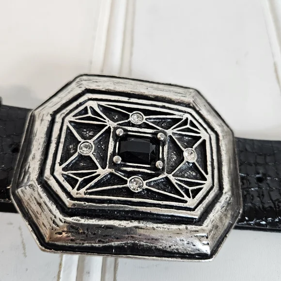 Juliana Collezione Belt M Italian Leather Croc Embossed Rhinestone Western Black