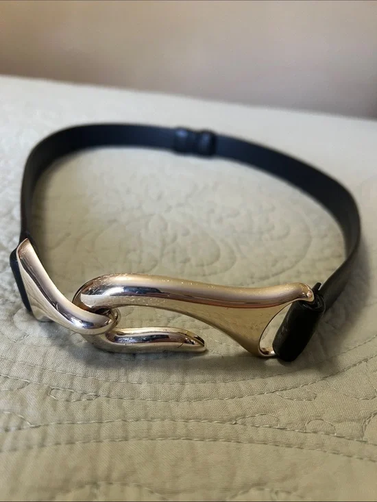 Women's Black Leather Belt with Sculpted Silver-Tone Buckle