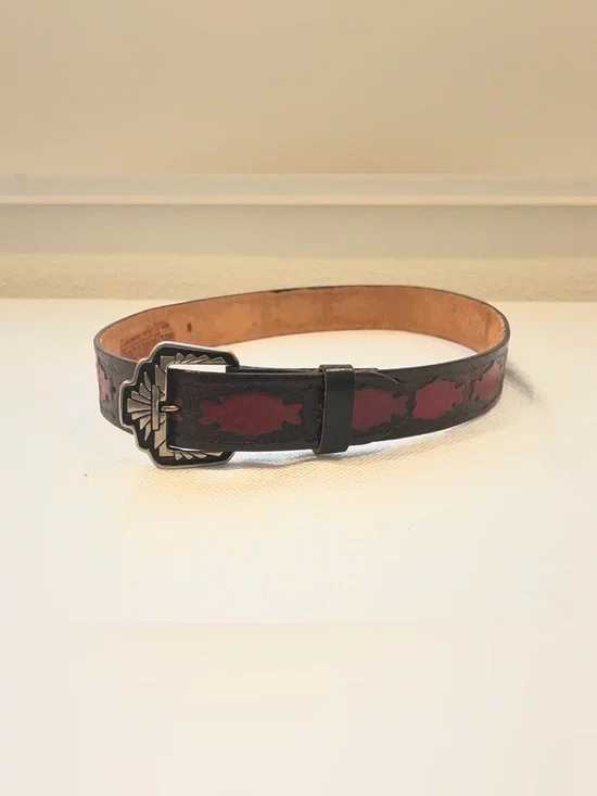 Vtg Leatherock Tooled Leather Western Belt Size M Burgundy Black