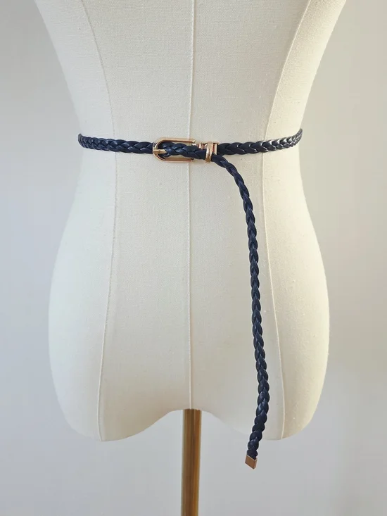 Navy Blue Braided Belt With Gold Buckle