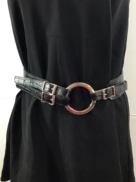 Vintage Cache Luxe croc embossed Black leather Wide Circle dbl Buckle Waist Belt