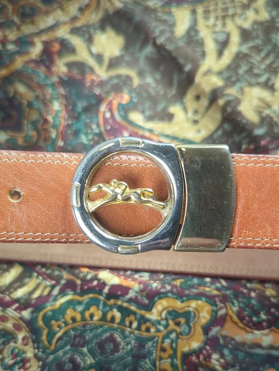Vintage Longchamp Tan Leather Belt Silver & Gold Hardware Unisex