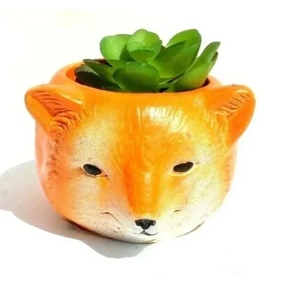 NEW Fox Face Thanksgiving / Halloween Ceramic Planter Plot W/ Succulents