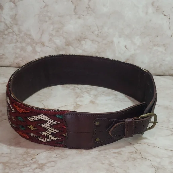 Motif 56 Brown Leather and Red Patterned Textile Women's Belt Size S