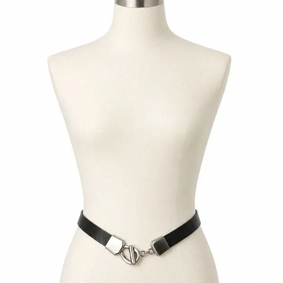 Chicos Black Leather Metallic Silver Toggle Hip Belt Size S/M Moto Minimalist