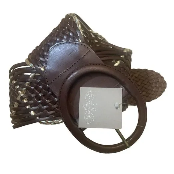NWT Anthropologie Wide High Waist Brown Leather Woven Metallic Accent Belt Sz M