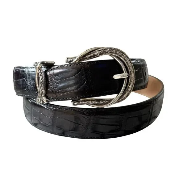 Brighton Vintage Black Croc Embossed Leather Belt XL Silver Buckle Western 90s