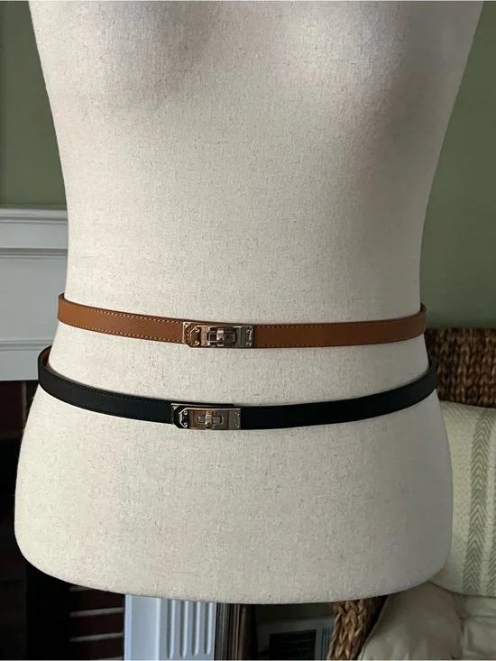 Black & Cognac Slim Belt Set | Gold Turn-Lock | Adjustable - Aprox Size 14/16