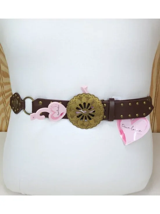 Truelove Brown Brass & Leather Belt with Brass Studs & Buckle M 1 1/2
