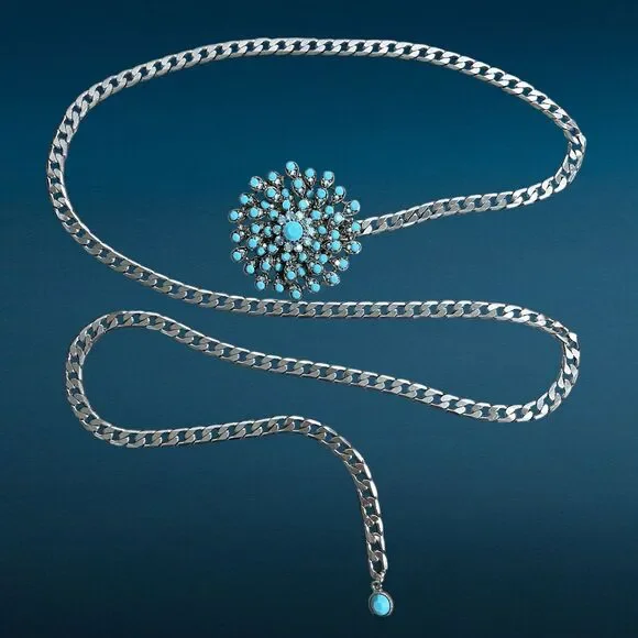 Cara NY Womens Curb Chain Belt Blue Rhinestone Buckle Silver Tone Waist Jewelry