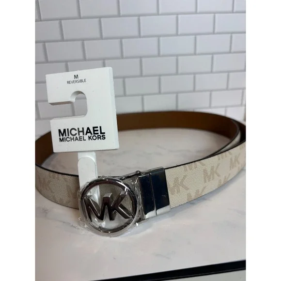 Michael Kors‎ Reversible Belt MK Logo Vanilla Brown Leather Silver Buckle
