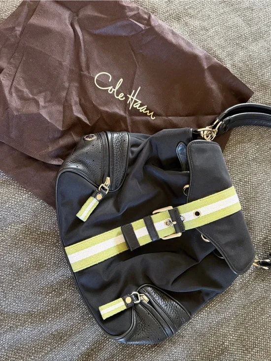 Cole Haan Black Nylon Messenger Bag with Lime and White Stripe