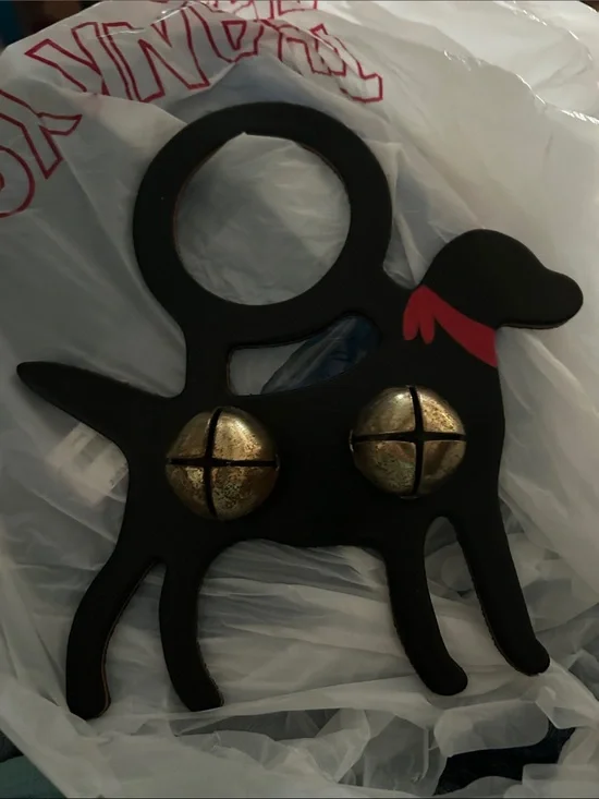 Belsnickle Black Dog- leather strap Shaped Jingle Bell Door Hanger -Dog Trainer