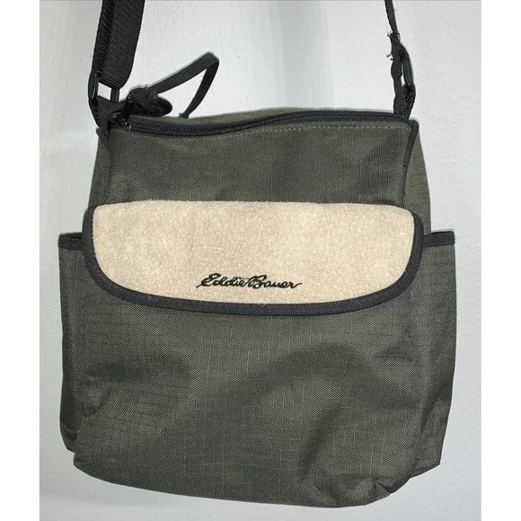 Vintage Eddie Bauer Canvas Messenger Bag Crossbody Travel Satchel Blue and Beige