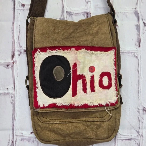 Vintage Messenger Canvas Bag Brown Ohio Patch Canvas Crossbody Travel Satchel OS