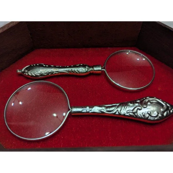 Vintage Ornate Magnifying Glass Pair Decorative Silver Tone Desk Accessories
