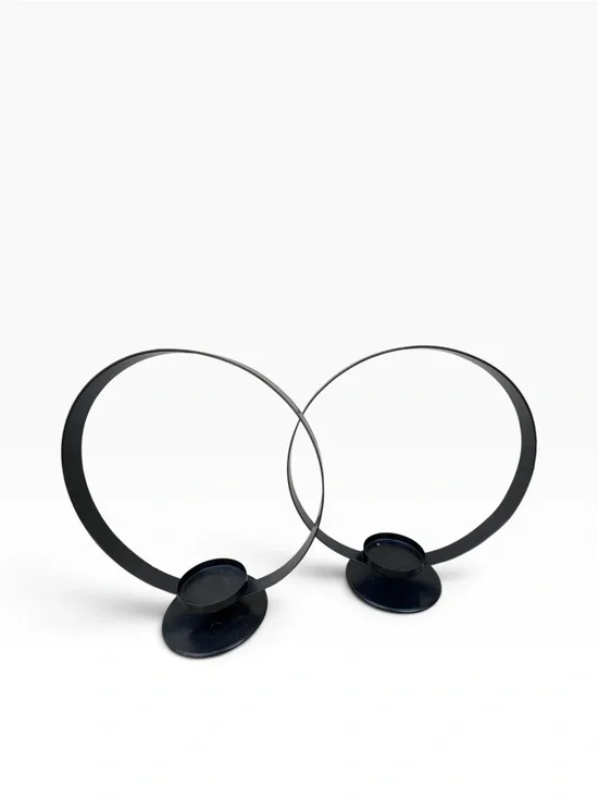 Modern Black Metal Circle Hoop Pillar Candle Holder Set (2) 14.5